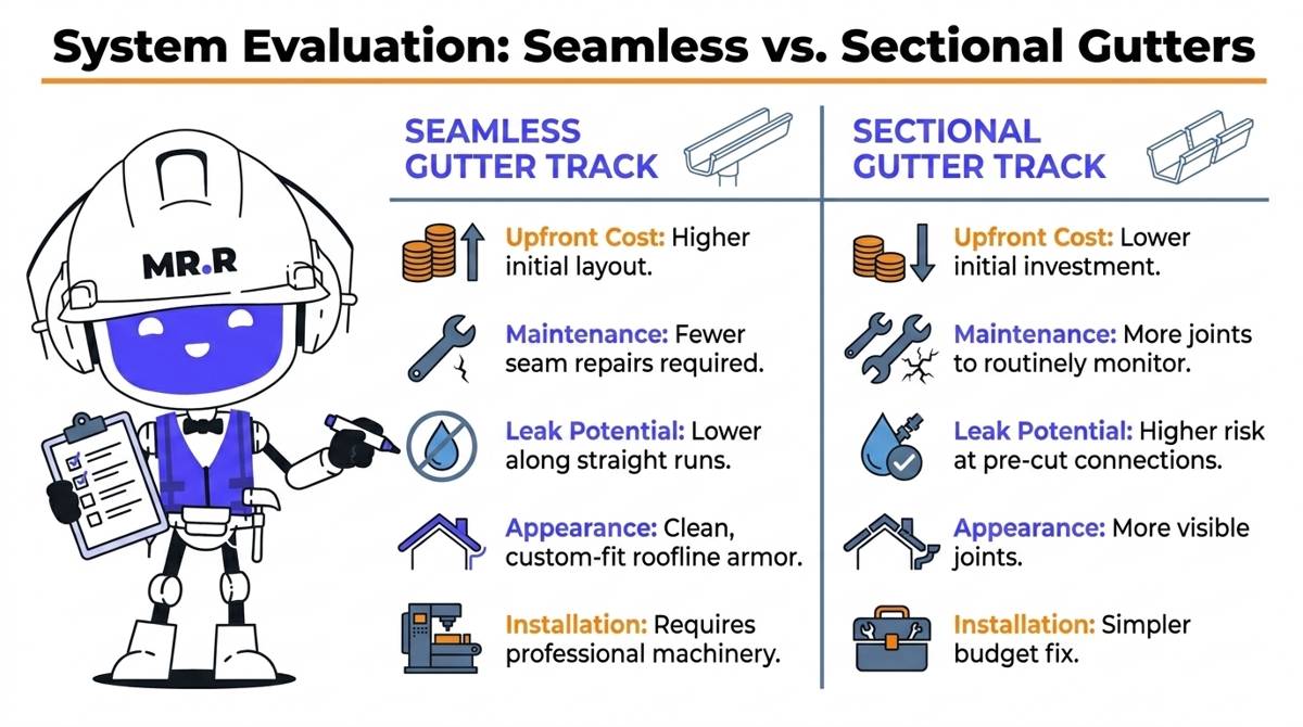 A 2026 product comparison infographic scorecard weighing the cost, maintenance tracking, leak potential, and long-term value of seamless versus sectional gutter configurations.